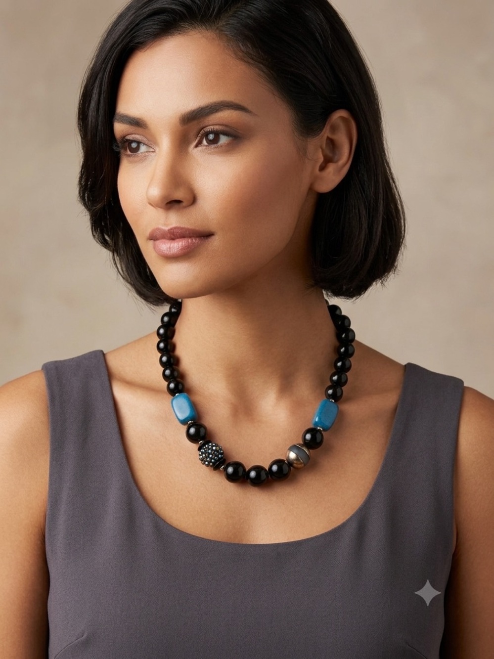 COLDWATER CREEK 25” Bead & Stone Necklace Black Blue